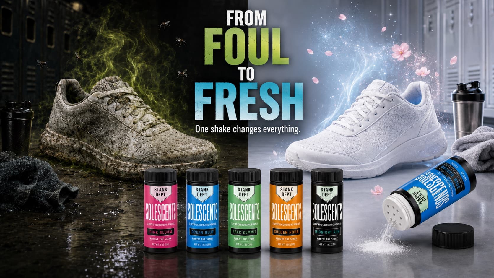 SoleScents powder being shaken into a shoe