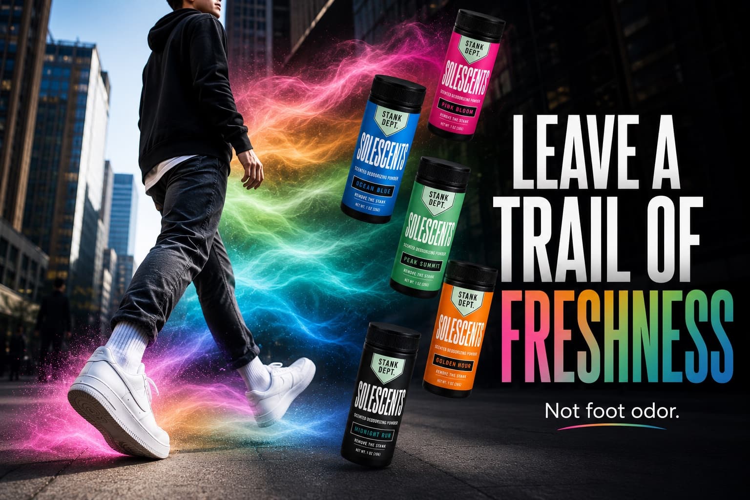 Person walking with a trail of colorful SoleScents freshness