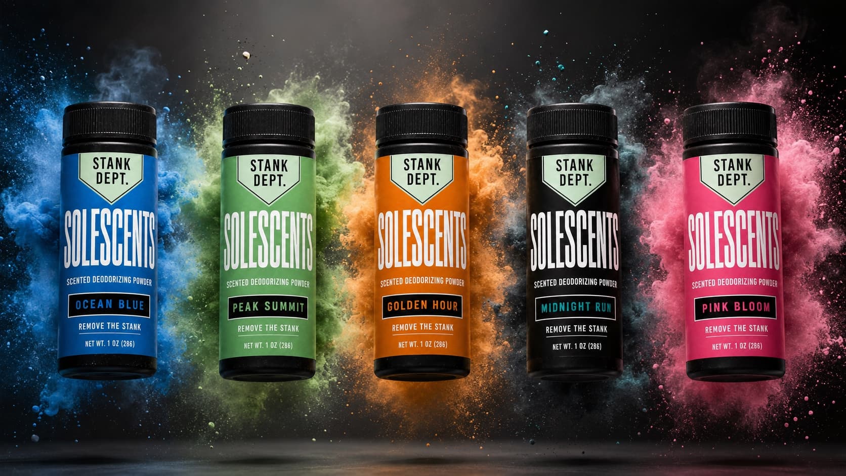 Five SoleScents bottles surrounded by their signature color clouds