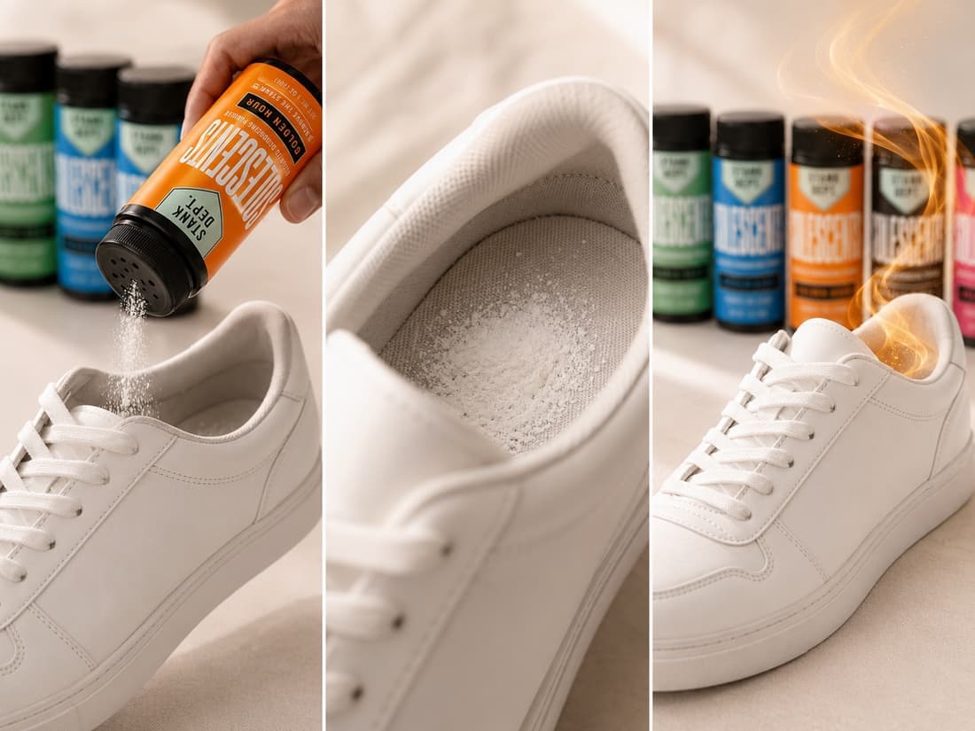 SoleScents powder being applied to absorb moisture and leave shoes fresh